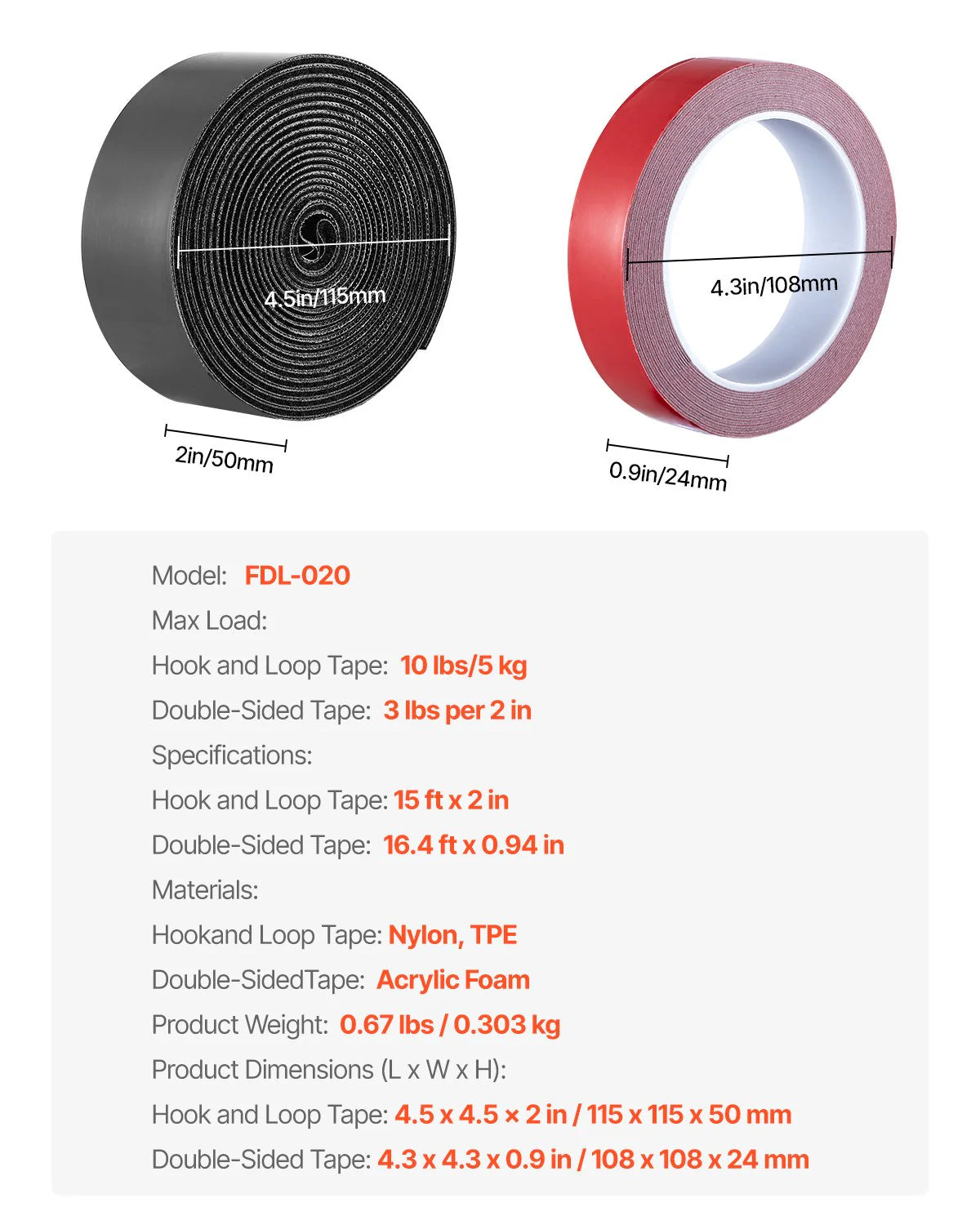 15Ft X 2In Hook Loop Tape & 16.4Ft X 0.94In Double-Side Strips Black + Red